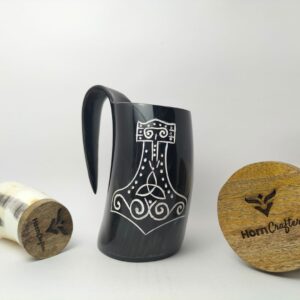 Viking Drinking Horn Mug - Black Color with White Thor Hammer Carving