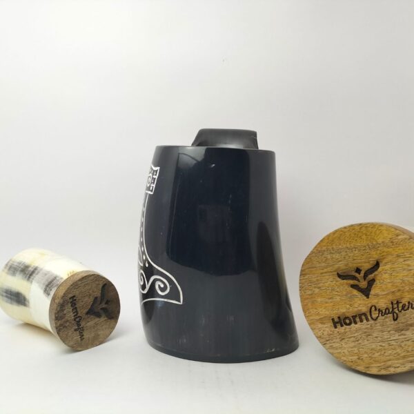 Viking Drinking Horn Mug - Black Color with White Thor Hammer Carving