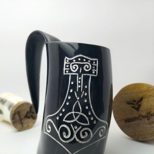 Viking Drinking Horn Mug - Black Color with White Thor Hammer Carving