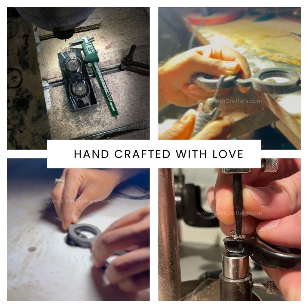 horn rimmed glasses being made by hands
