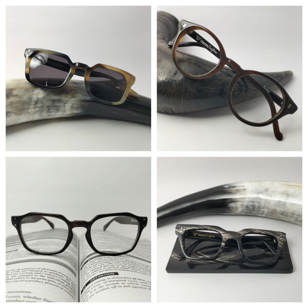image collage showing different horn rimmed eyeglasses styles, including round, square, and aviator styles.