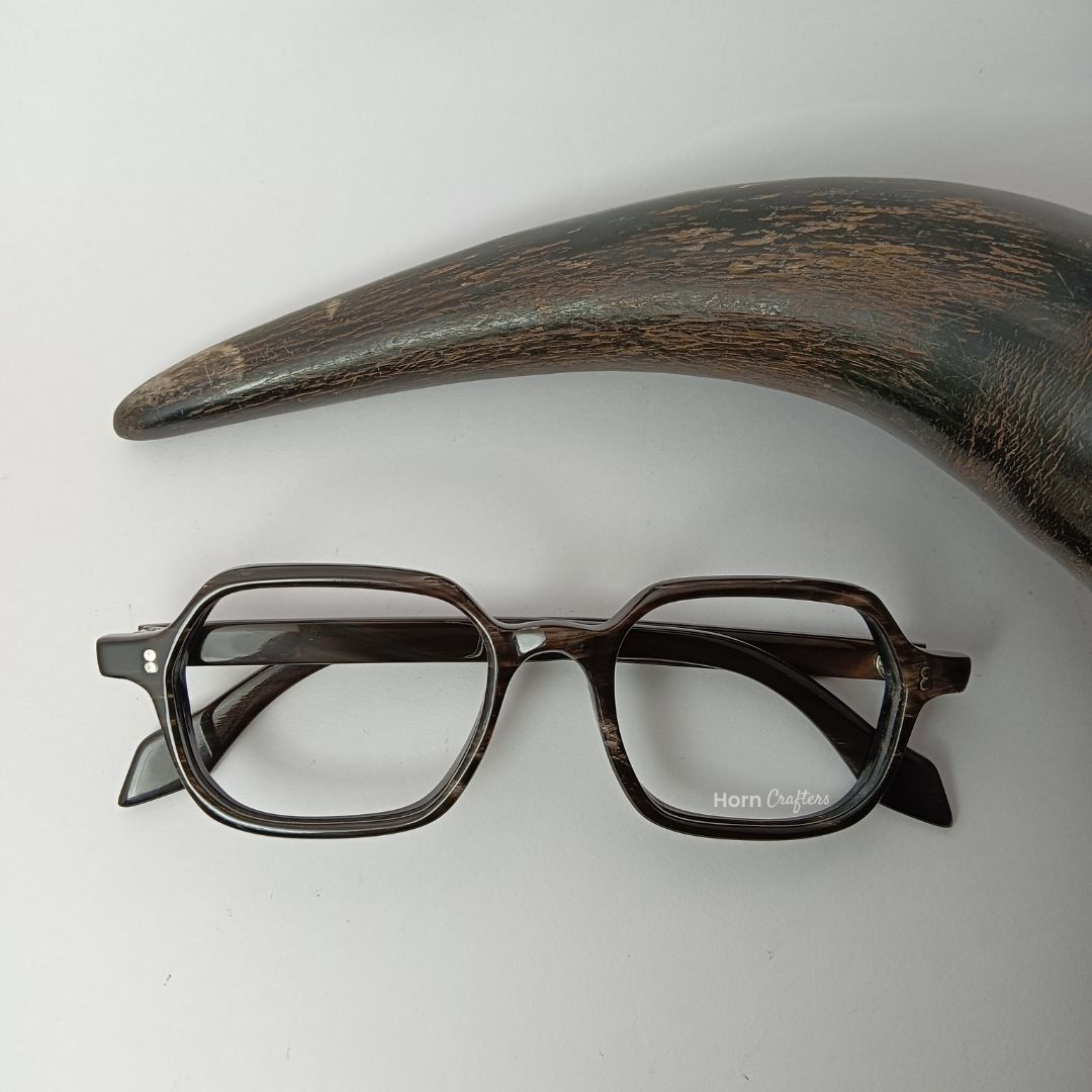 Genuine horn rimmed kids prescription glasses kept aside horn tip